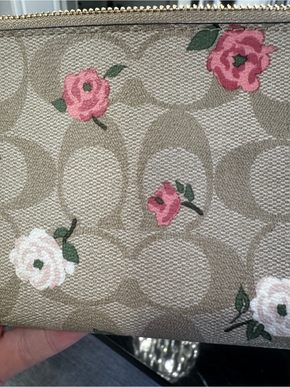 Coach Tan and Chalk Floral Signature Wristlet with Pink and White Floral Accents - Picture 6 of 9